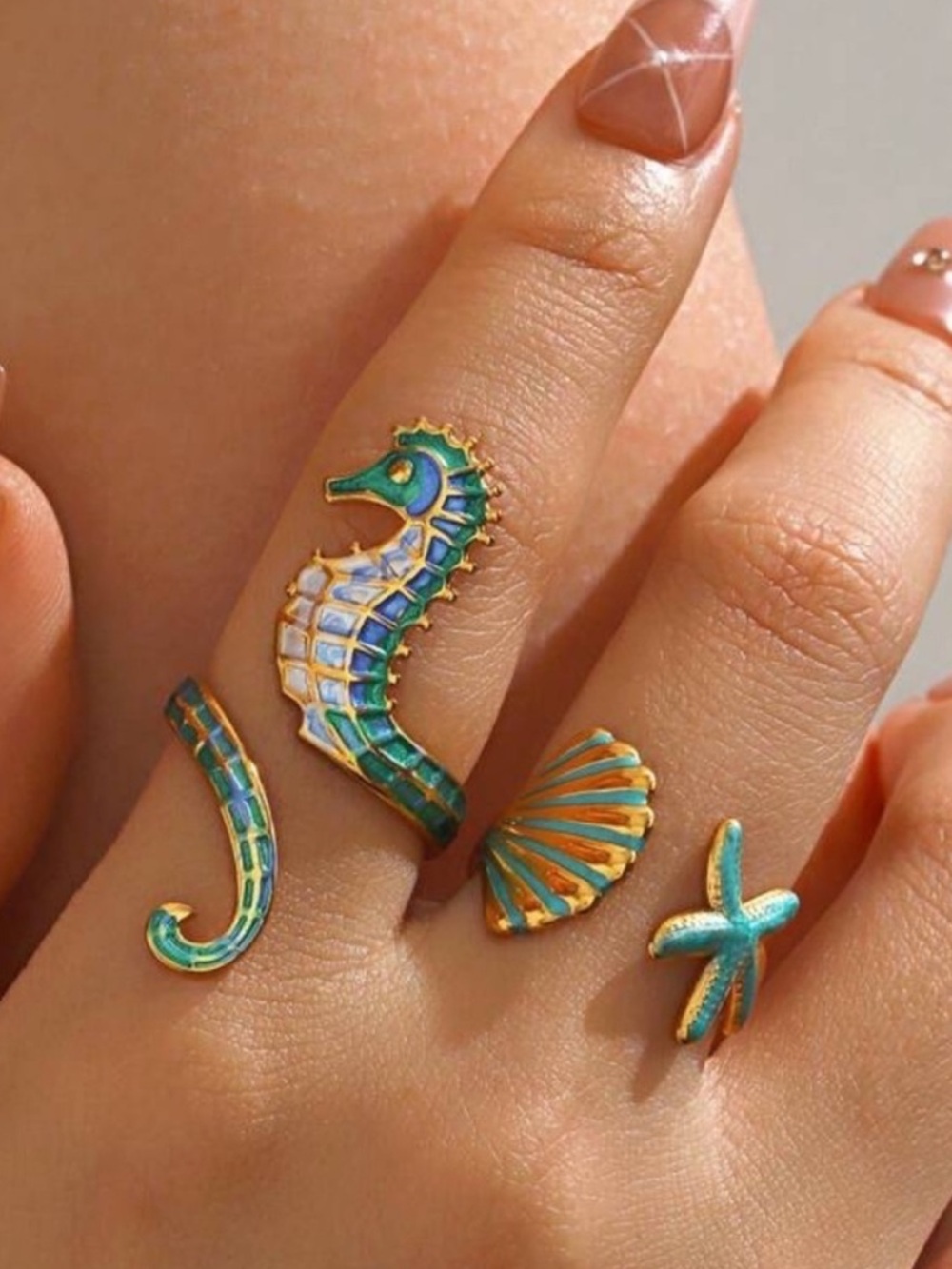 Turquoise and Gold Seahorse & Shell Stackable Ring Set